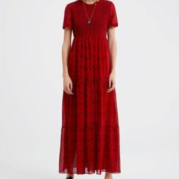Like New Zara Petite Black Floral Print Smocked Maxi Red Dress - Picture 5 of 7